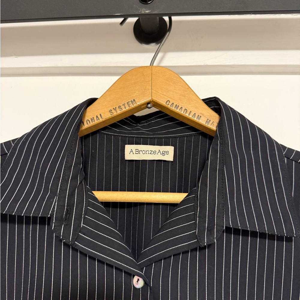 A. Bronze Age Black Pinstripe Short Sleeve Button-Down Shirt - Picture 2 of 5